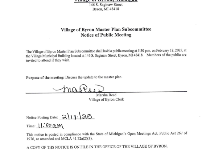 Village of Byron Master Plan Subcommittee Notice of Public Meeting